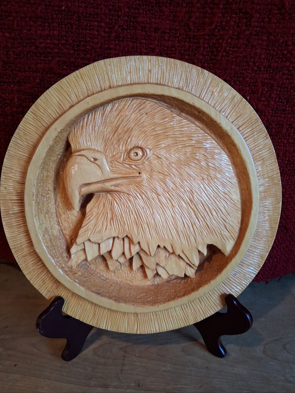Hand Carved Eagle Wall Plaque - Natural Wood Tone 10"